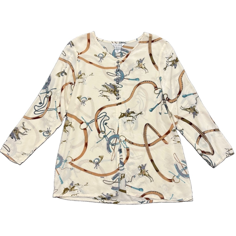 Vintage Deluxe Sheer Silk Blouse Equestrian Horse Bridle Print Button Front Sz L